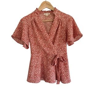 Monteau Los Angeles Women's Small Faux Wrap‎ Blouse Flutter Sleeve Red-Orange